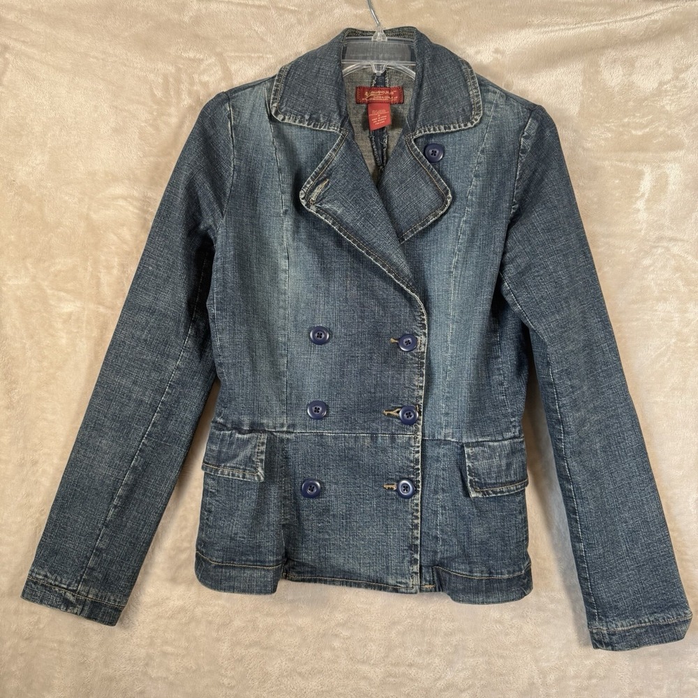Vtg Y2K Denim Blazer Jacket Womens Medium Jean Double Breasted Western Academia